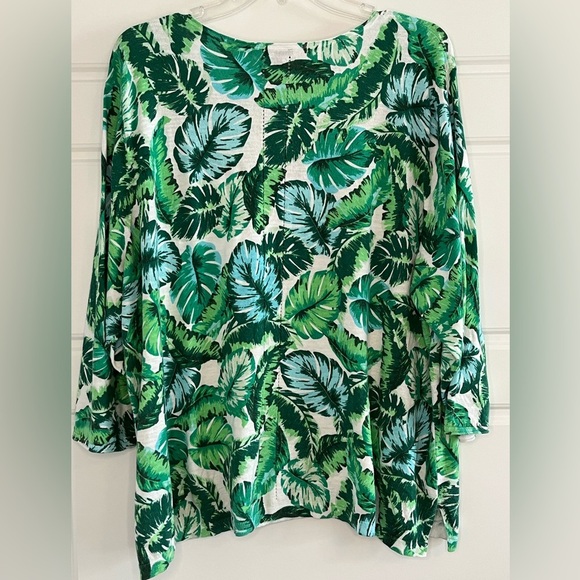 Talbots Isle Fronds V-neck Print Cotton Sweater 3/4 Sleeve Green Tropical 3X - Picture 7 of 15